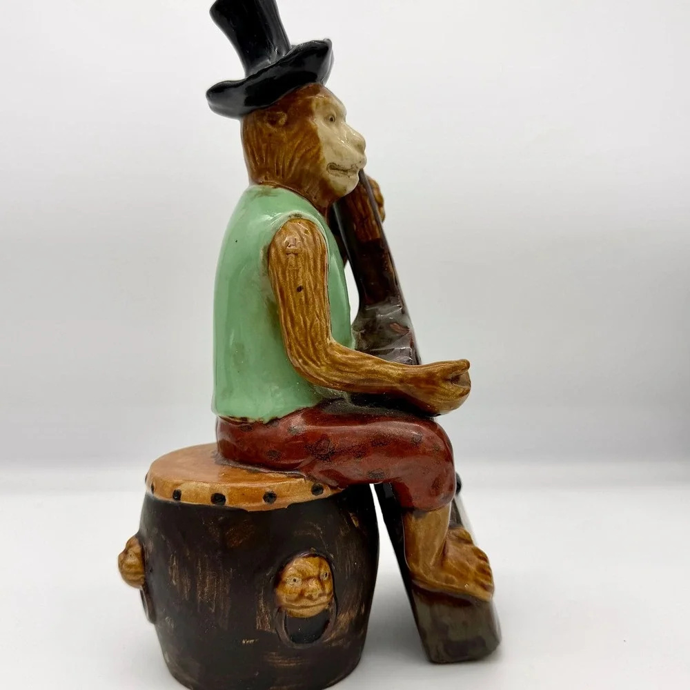 Majolica Style Ceramic Monkey Band Cellist Figurine Top Hat Drum Base